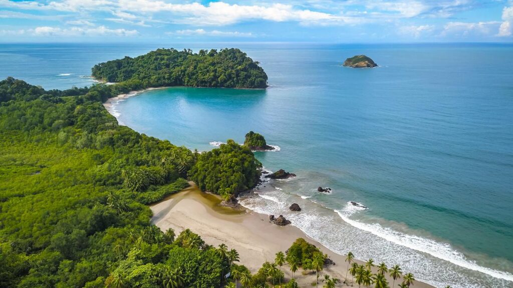 Aerial view of Manuel Antonio National Park in Costa Rica, the most famous tourist attraction and national reserve.