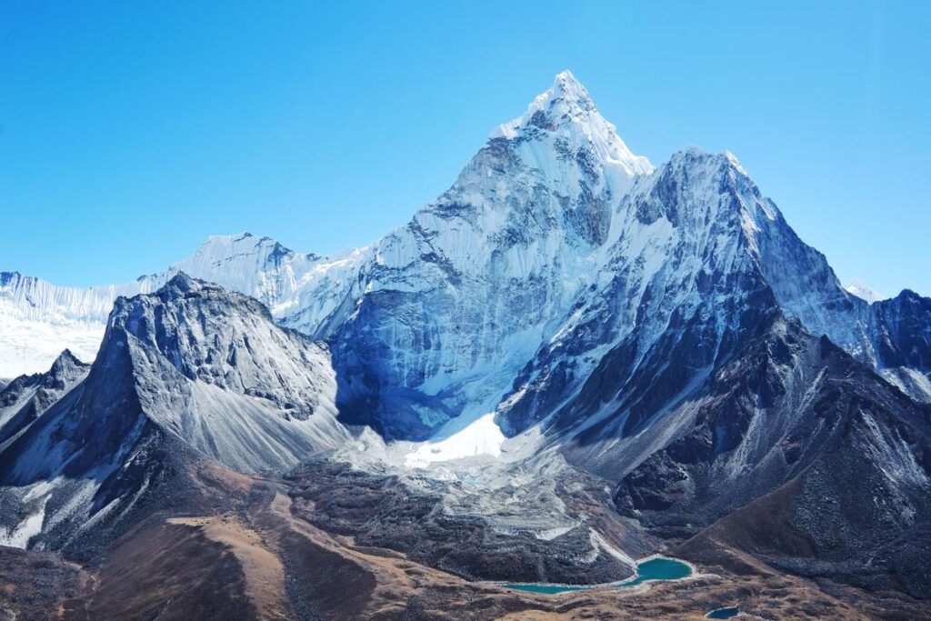 Mountain peak Everest. Highest mountain in the world. National Park, Nepal.