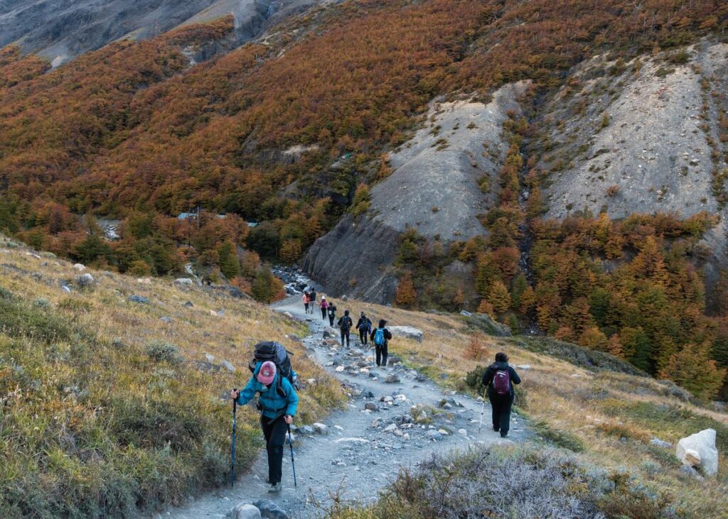 People hiking the Trekking Base in Torres del Paine, Chile, one of the best National Park in the world