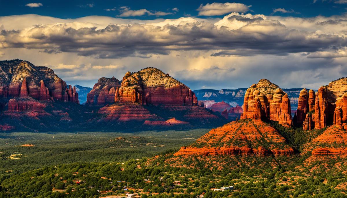 A scenic view of Sedona, Arizona with its iconic red rock formations surrounded by breathtaking natural beauty.